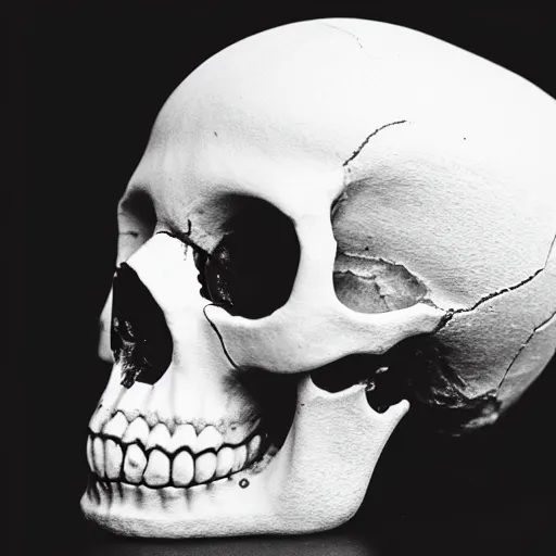 Image similar to a tiny, pristine white human Skull, plain black background, close-up macro photography, bokeh, shallow focus