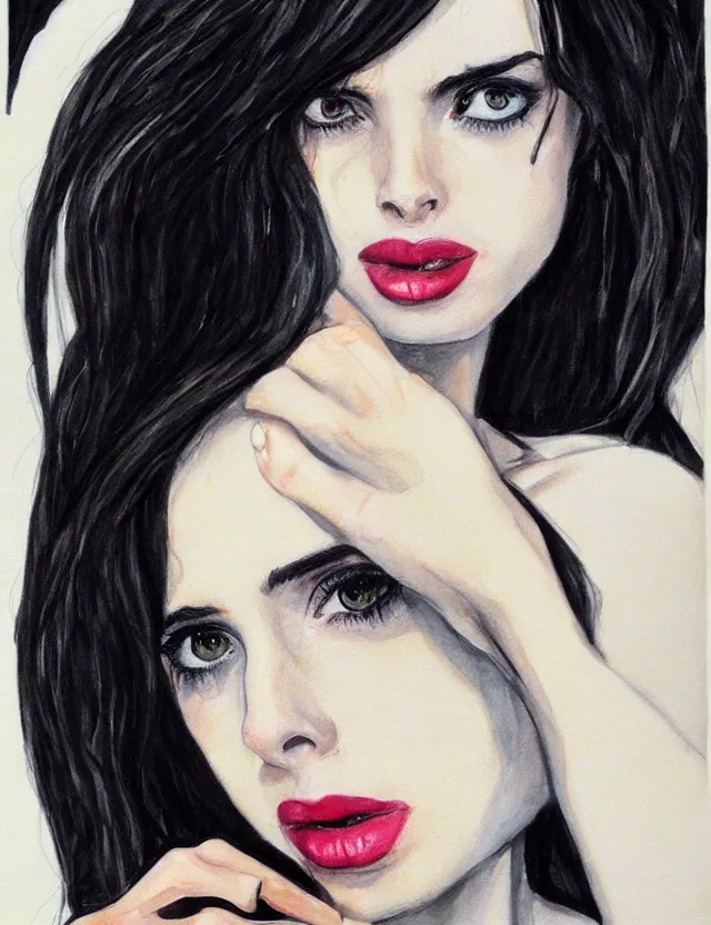 Image similar to portrait of a young krysten ritter as the black widow from marvel, beautiful eyes, aquarelle, realistic painting, freckles, 1 / 4 headshot