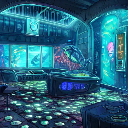 Prompt: underwater cyberpunk night club with large alien fish swimming behind the windows in the background, high detail