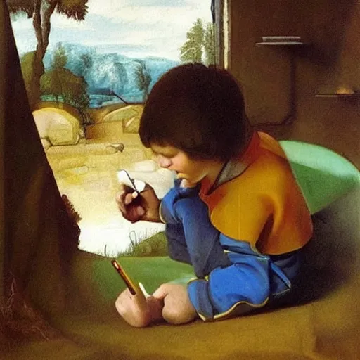 Prompt: kid playing games on his iphone, painting by raphael