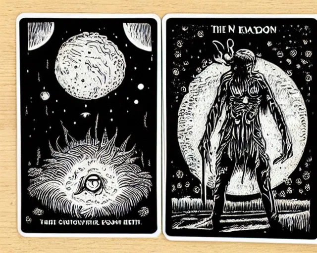 Image similar to The Deviant Moon tarot card, detailed, white in on black paper