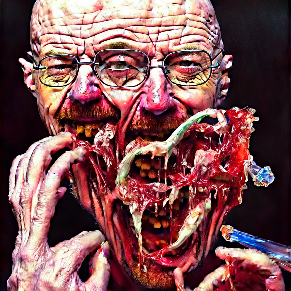 Prompt: weird and disturbing psychedelic walter white eating rotten flesh, laughing and puking blood, diffuse lighting, fantasy, intricate, elegant, highly detailed, lifelike, photorealistic, oil painting, illustration, concept art, smooth, sharp focus, art by francis bacon