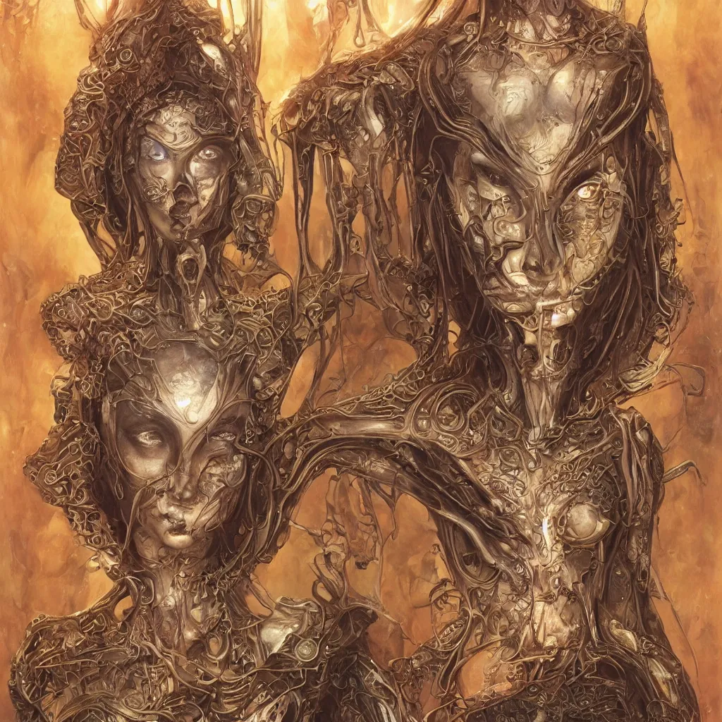 Image similar to beautiful and exotic alien queen body portrait, glowering judging eyes, art nouveau declotage, perfect symmetrical facial features, hyperrrealistic bone structure, extremely hyperdetailed, mixed media painting, unreal engine, 8 k, octane, 8 mm, by travis charest, rodney matthews, olivia de bernardinis