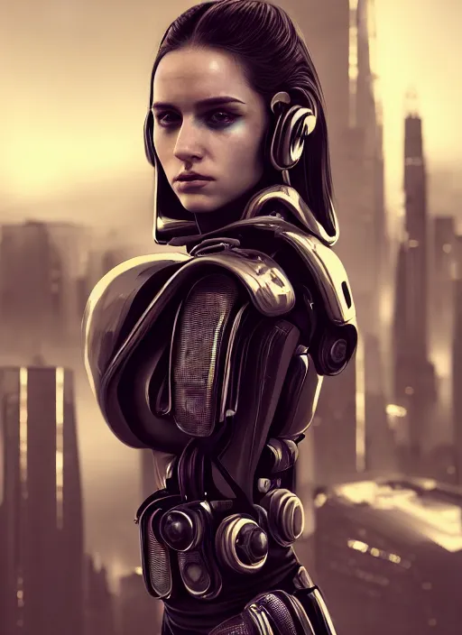 Prompt: 3 / 4 portrait, emma bot queen, futuristic fashion clothing, bio enhanced, brunette, long hair, id magazine, hyperrealism, detailed textures, photorealistic, 3 d cyberpunk apocalyptic city, ultra realistic, cinematic, intricate, cinematic light, unreal engine 8 k, octane render, unreal engine, david kostic, artgerm