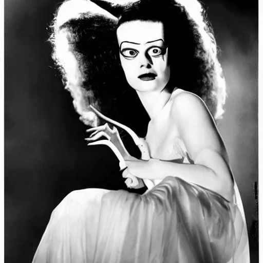 Prompt: emma stone as the bride of frankenstein, 1 9 3 5, universal, movie, photography, portrait, beautiful,