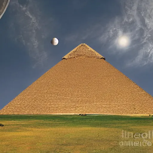 Image similar to alien flying saucer landing on ziggurat pyramid photograph photo color