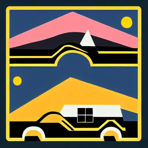 Image similar to vector art of a white and black cute thor chateau! motorhome camper!!, highway, mountains and colorful sunset!!, very very happy, warm, minimal vector art sticker!! by tom whalen, sanja stikovic