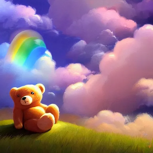 Prompt: a storybook of a teddy bear sleeping in the clouds, a storybook illustration by RHADS and Pu Hua, candy and rainbows, trending on cgsociety, pop surrealism, official art, detailed painting, artstation hd