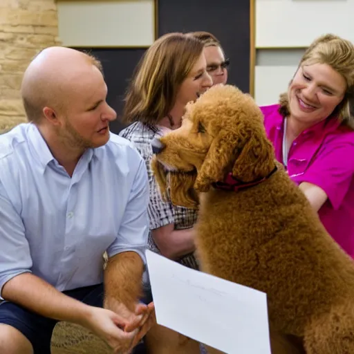 Prompt: Award-winning photograph of a golden labradoodle puppy presenting some impressive graphs to senior leadership