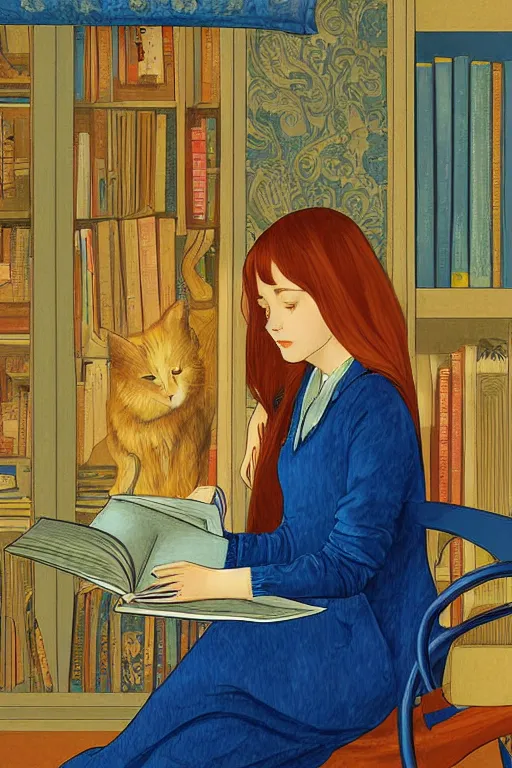 Prompt: a digital painting of a girl reading a book with a cat in A comfortable study room at night,JK uniform ,Hairdryer,blue theme,S line, by anmi and reoenl and mucha