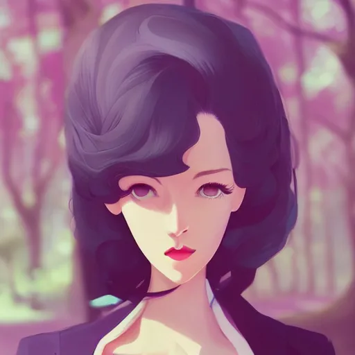 Image similar to a beautiful woman in 1950\'s fashion, park landscape, 4k, anime key visual, lois van baarle, ilya kuvshinov, rossdraws, artstation