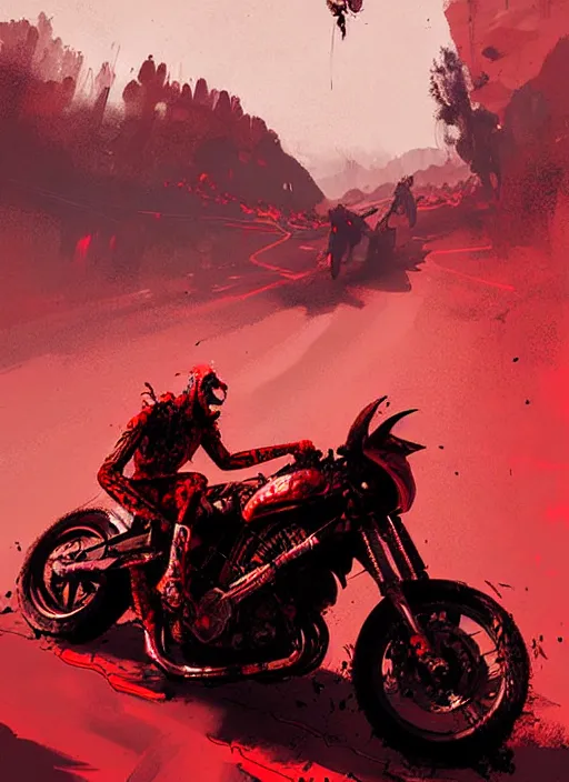 Image similar to horror art, motorbikers race in hell, red peaks in the background, art by ismail inceoglu