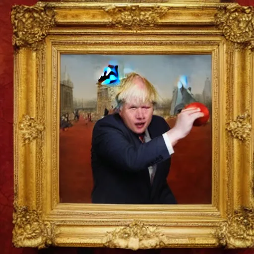 Prompt: Boris Johnson angrily throws tomatoes at paintings in the louvre