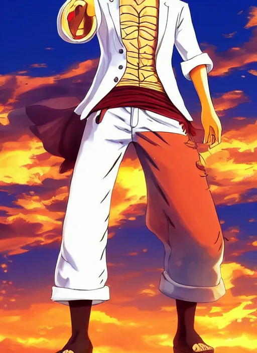 Image similar to a real life image of luffy wearing a white suit, Golden Hour Effect, trending on ArtStation