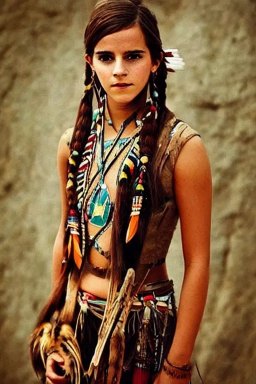 Image similar to “Photo of Native American indian woman Emma Watson, portrait, skilled warrior of the Apache, ancient, realistic, detailed, emma watson”
