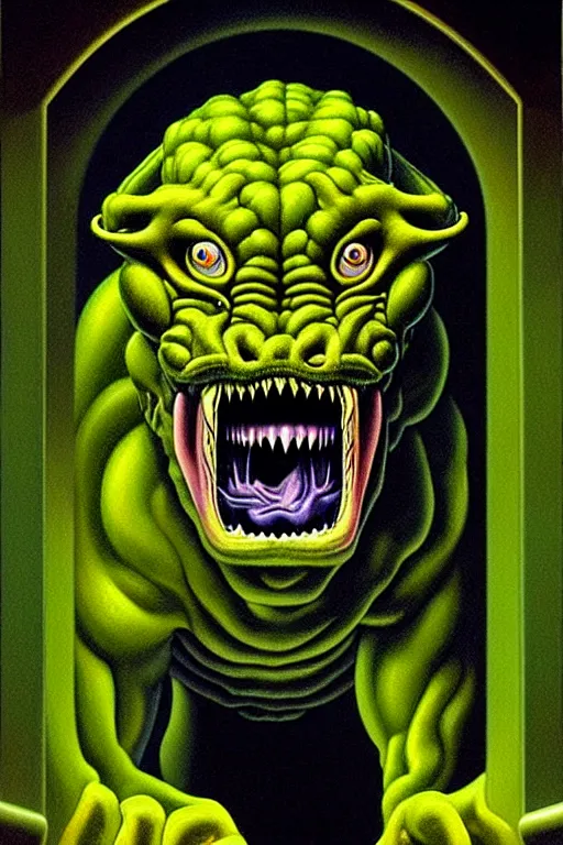 Image similar to a hyperrealistic painting of a chimera creature breaking out of a containment chamber in a secret science laboratory facility, by chris cunningham and richard corben, highly detailed, vivid color,