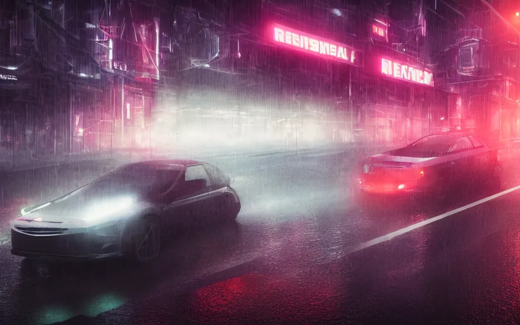 Image similar to Detailed 4k 3d render of a car driving under a relentless rainstorm through a neon-lit futuristic city