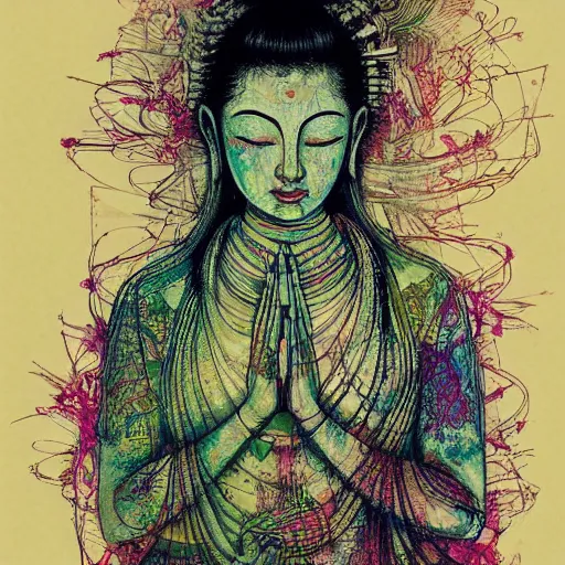 Image similar to contented female bodhisattva, praying meditating, realism, elegant, intricate, portrait illustration by Carne Griffiths and David Cronenberg