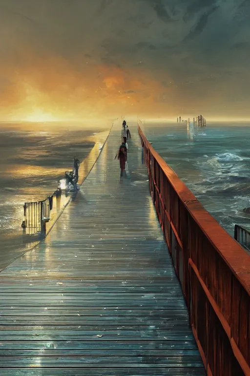 Prompt: marmalade sky with [ metal ] boardwalk along the ocean, trending on artstation, cgsociety, polycount, illustrated by greg rutkowski, intricate, detailed