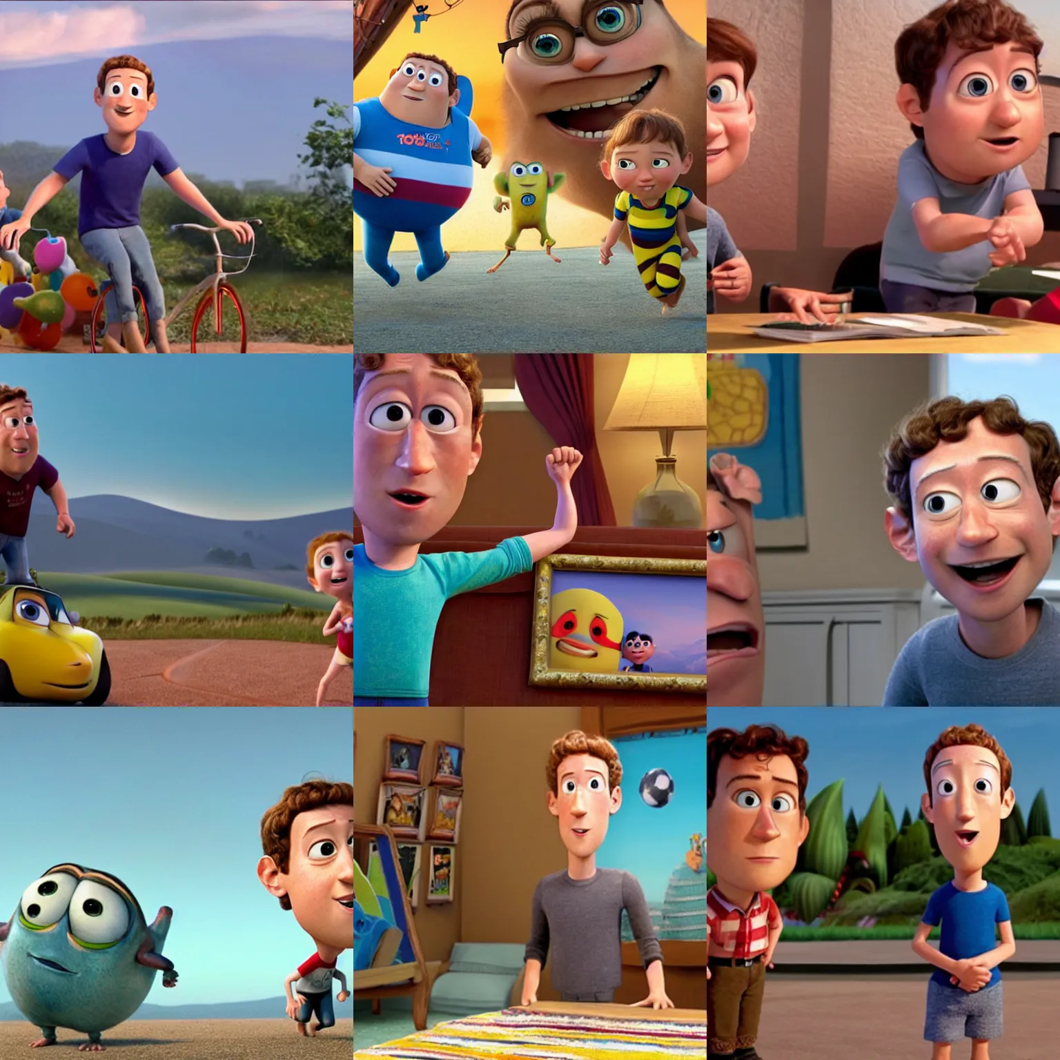 Prompt: Movie still of Mark Zuckerberg in Pixar's Up