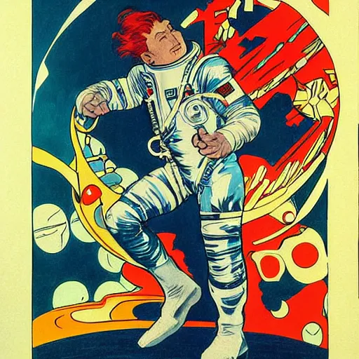 Prompt: a man with red hair, floating in space. he is an astronaut, wearing a space suit. he is fixing his space rocket. well composed, clean elegant painting, beautiful detailed face. retro comic book art by steve ditko and jack kirby and ( alphonse mucha )