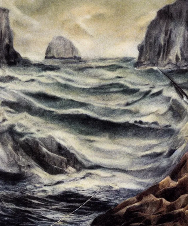 Image similar to photorealistic mixed - media painting of a 1 9 2 5 seiner sailing near a short tropical cliff with the mouth of a sea cave at the waterline, dark, brooding, atmospheric, lovecraft, horror, smooth, epic, highly detailed, cinematic, by emily carr