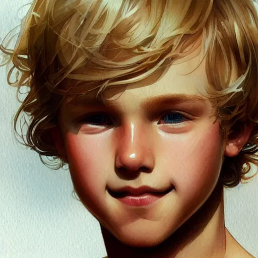 Image similar to young boy, blonde hair, happy eyes, smile, gorgeous, amazing, delicate, elegant, intricate, highly detailed, watercolor, portrait, artstation, concept art, sharp focus, illustration, art by artgerm and greg rutkowski and alphonse mucha