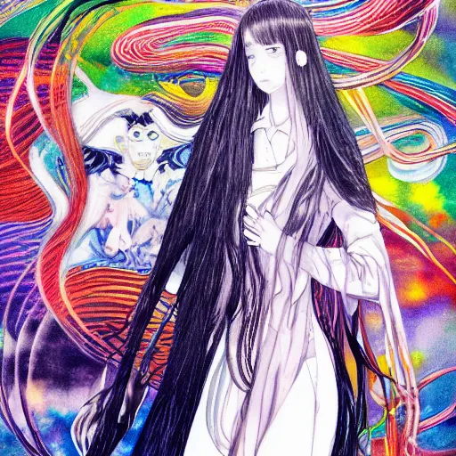 Prompt: yoshitaka amano realistic illustration of an anime girl with black eyes and long wavy white hair wearing dress suit with tie and surrounded by abstract junji ito style patterns in the background, complementary colors, blurry and dreamy illustration, noisy film grain effect, highly detailed, oil painting with expressive brush strokes, weird portrait angle