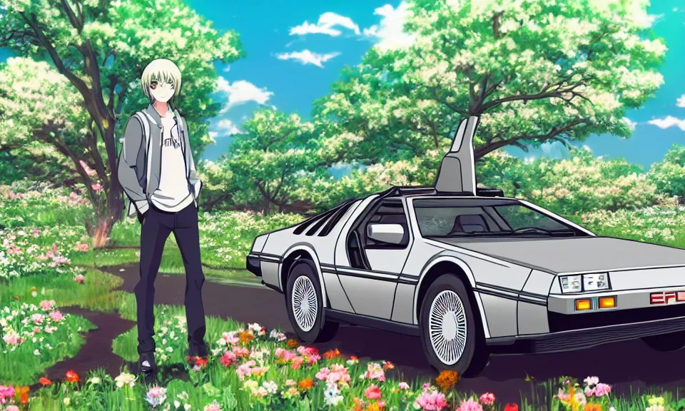 Image similar to a delorean standing in a flower field, anime style