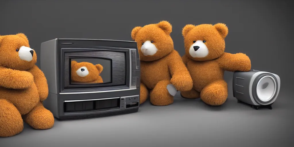 Image similar to two fluffy bears playing coleco vision with an old tv, octane render, 8 k resolution, cinematic