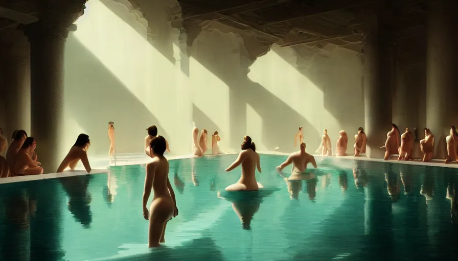 Image similar to bathhouse, women in towels, spa, light, shadows, reflections, epic composition, intricate, elegant, volumetric lighting, digital painting, highly detailed, artstation, sharp focus, illustration, concept art, wlop, artgerm, ruan jia, steve mccurry