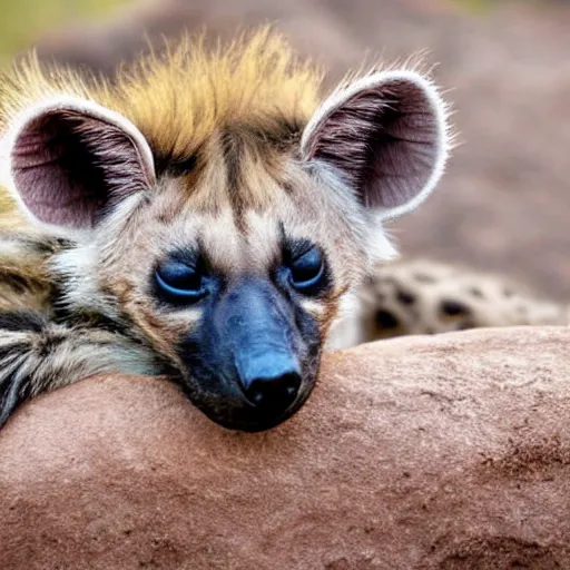 Image similar to very cute baby hyena sleeping, warm, cozy, realistic photograph, detailed