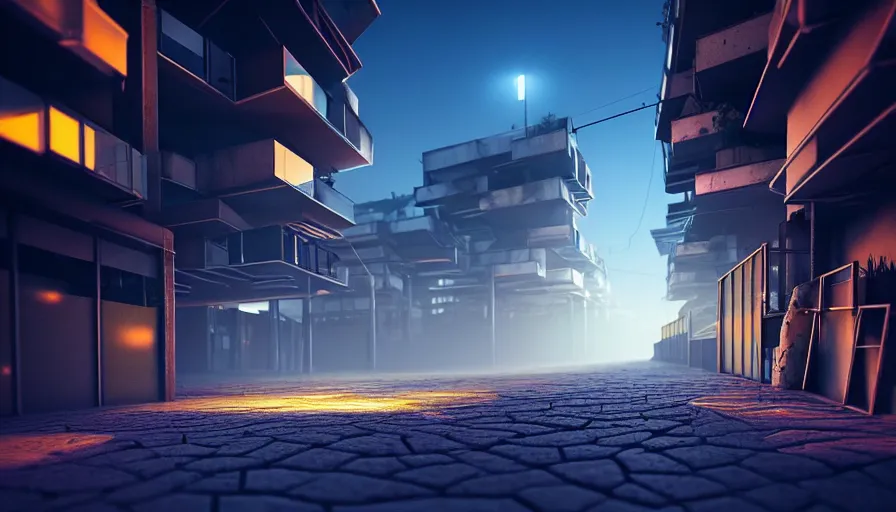 Image similar to Bright Thin Pillars Shoot out of cracks in the ground and illuminate it in a glow, Futuristic Favela, Hyperrealistic Rendering, Photorealism, Raytracing, Anamorphic Lens, Artstation