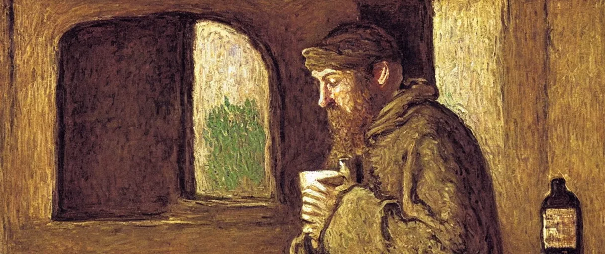 Image similar to a medieval monk drinking a mug of beer in his cell; detailed; a painting by Claude Monet