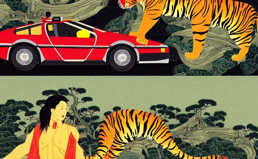 Image similar to a red delorean and a yellow tiger, painting by hsiao - ron cheng & utagawa kunisada, magazine collage style,