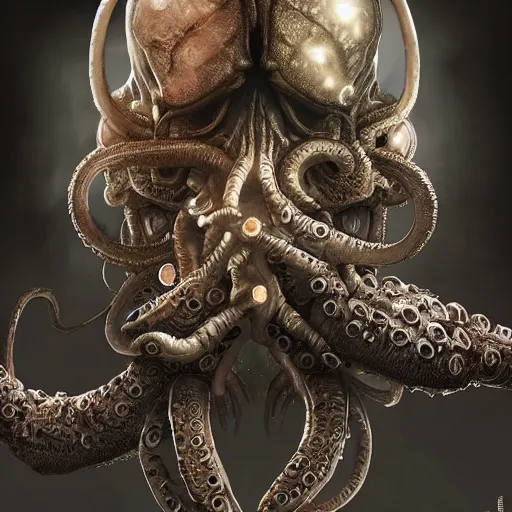 Prompt: a biopunk skull face octopus cyborg warrior, apex legends character art, intricate and ornate alien technology, bioluminescence, bloom, dim rim lighting, by victor grasso and scott musgrove, anton h. r. giger and tooth wu, digital illustration, concept art, cg society