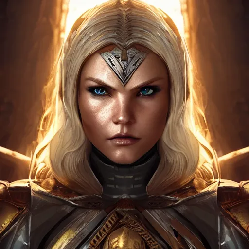 Prompt: front centered symmetrical RPG avatar portrait, Elisha Cuthbert as a paladin, blonde hair, gold armour, dramatic lighting, cinematic, establishing shot, high detail, cinematic lighting, post processed, 8k, concept art, artstation, matte painting, in the style of eddie mendoza, raphael lacoste, alex ross