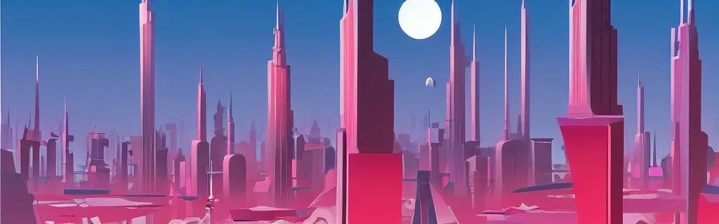 Image similar to sci - fi city with floating faceted angular buildings, modernism, gouache, animated film, stylised, illustration, by eyvind earle, scott wills, genndy tartakovski, syd mead