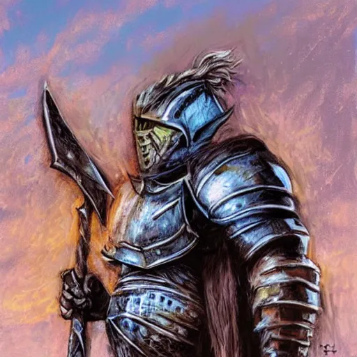 Prompt: a gritty fantasy knight in heavy silver armor holding a large axe standing in a desert, comic book art, fantasy, oil painting, art by jim lee, bright, golden hour, dramatic,