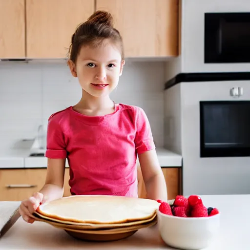 Image similar to photorealistic image of a beautiful girl cooks delicious pancakes in a minimalist kitchen with white walls, a red oak table.