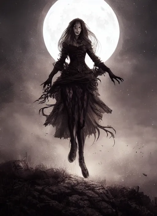 Prompt: portrait, A witch in front of the full big moon, dramatic lighting, cinematic, establishing shot, extremly high detail, foto realistic, cinematic lighting, by Yoshitaka Amano, Ruan Jia, Kentaro Miura, Artgerm, post processed, concept art, artstation, matte painting, style by eddie mendoza, raphael lacoste, alex ross