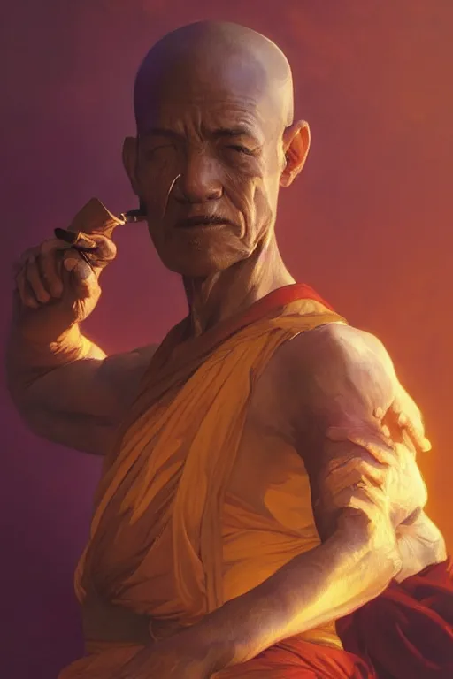 Image similar to an old male warrior monk with a VR headset, golden light, deep dark purple waters, highly detailed, digital painting, artstation, concept art, smooth, sharp focus, illustration, art by artgerm and greg rutkowski and alphonse mucha