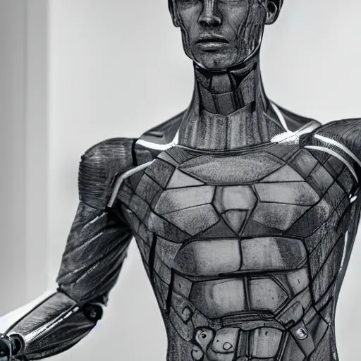 Image similar to a realistic detailed photo of a guy who is an attractive humanoid who is half robot and half humanoid, who is a male android, soccer player martin ødegaard, shiny skin, posing like a statue, blank stare, by the pool, on display, showing off his muscles, humanoid robot, frozen ice statue