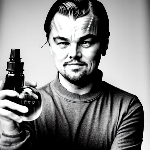 Prompt: detailed studio portrait of leoanrdo dicaprio holding tiny jar of tincture. watching ar camera. studio light, polished look, solid background, ad, fashion photography, by pierpaolo ferrari and maurizio cattelan, 3 5 mm photograph, david lachapelle, canon eos c 3 0 0, 8 k