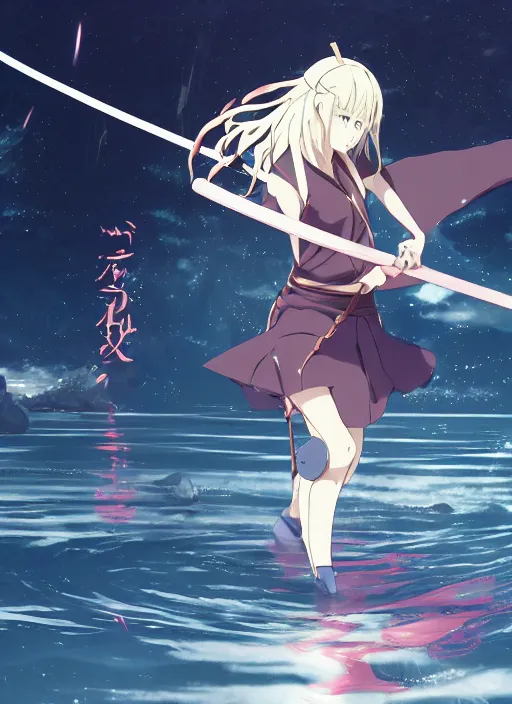 Image similar to anime girl with a katana walking on water, ripples, backdrop of dawn, saturn in the background, low angled illustration from demon slayer from genshin impact from jujutsu kaisen, concept art, anime, key visual, trending pixiv fanbox by wlop and greg rutkowski and makoto shinkai and studio ghibli