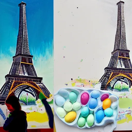 Image similar to A polar bear painting Easter Eggs in front of the Eiffel Tower