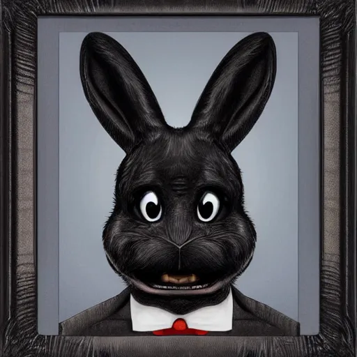 Image similar to A extremely highly detailed majestic hi-res beautiful, highly detailed head and shoulders portrait of a scary terrifying, horrifying, creepy black cartoon rabbit with scary big eyes, earing a shirt laughing, hey buddy, let's be friends, in the style of Walt Disney