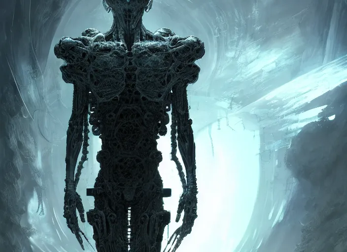 Image similar to a mysterious translucent space alien, lone traveler, muscle shirt, eerie shimmering surroundings, concept art, intricate, detailed, award - winning, cinematic, octane render, 8 k, photorealistic, by tsutomu nihei and emil melmoth and gustave dore and craig mullins and yoji shinkawa