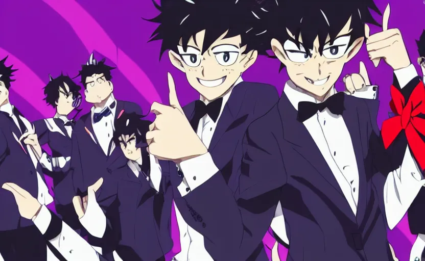 Image similar to a guy with black hair, wears a comedian purple suit and a red bowtie, anime character design key visual, Official media from My Hero Academia, sharp, 4k HD