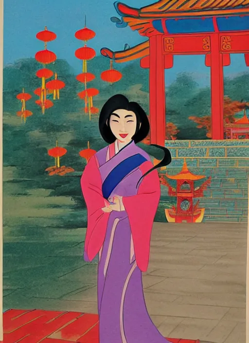 Image similar to mulan in front of chinese temple, by mary blair